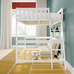 White wooden loft bed with ladder in modern kids bedroom, teal wall, yellow geometric rug and soccer ball by window