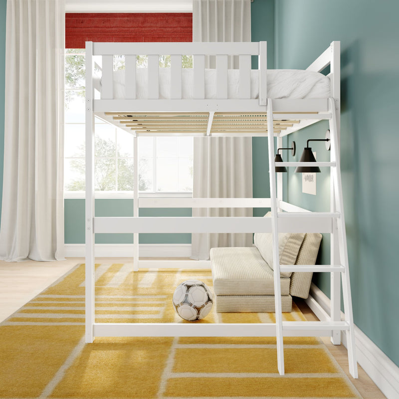 White wooden loft bed with ladder in modern kids bedroom, teal wall, yellow geometric rug and soccer ball by window