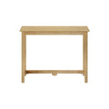 Natural light maple wood narrow console table with rectangular top, straight square legs and stretcher base, minimalist modern farmhouse style
