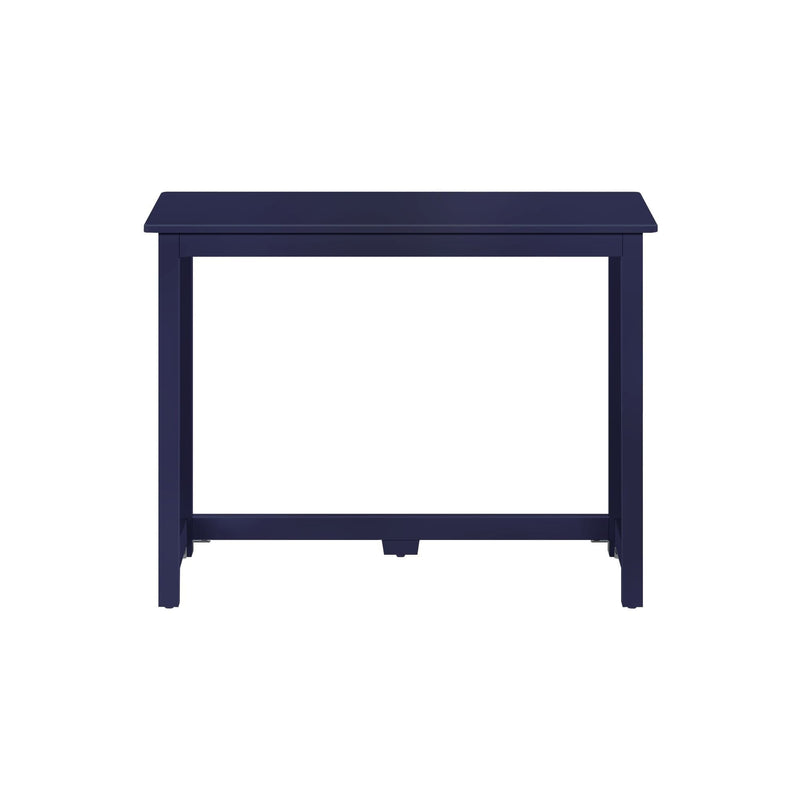 Navy blue wooden console table with rectangular top and stretcher support, minimalist modern design for entryway, hallway, or small home office
