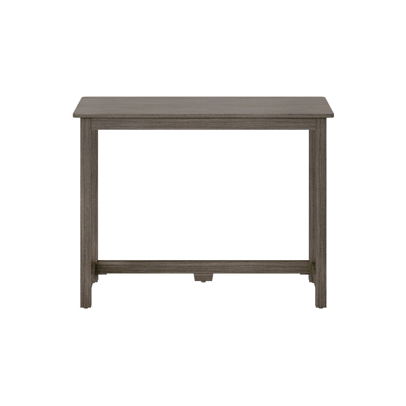 Gray-brown wood rectangular accent table with straight legs and stretcher support, modern farmhouse side table for living room, entryway, or home office