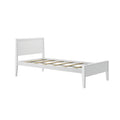 White wooden twin bed frame with headboard and slats for modern bedroom.