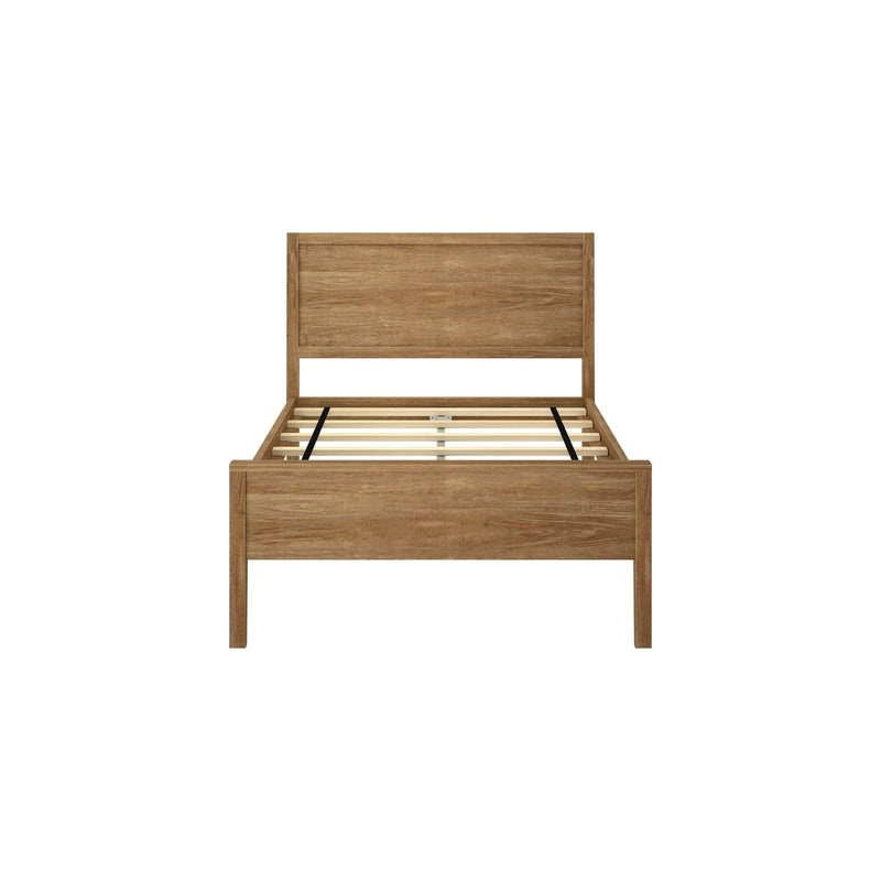 Wooden king-size bed frame with headboard in natural oak finish.