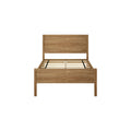 Natural oak wooden platform bed frame with slatted base and rectangular panel headboard, minimalist rustic bedroom furniture
