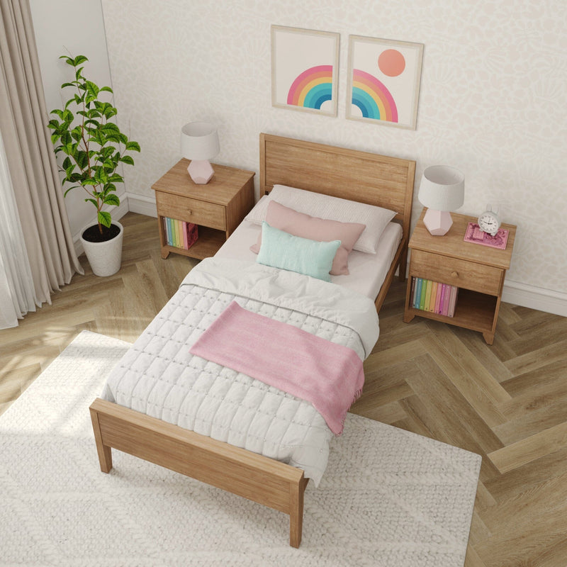 Cozy children's bedroom with a wooden bed, colorful decor, and modern furniture.