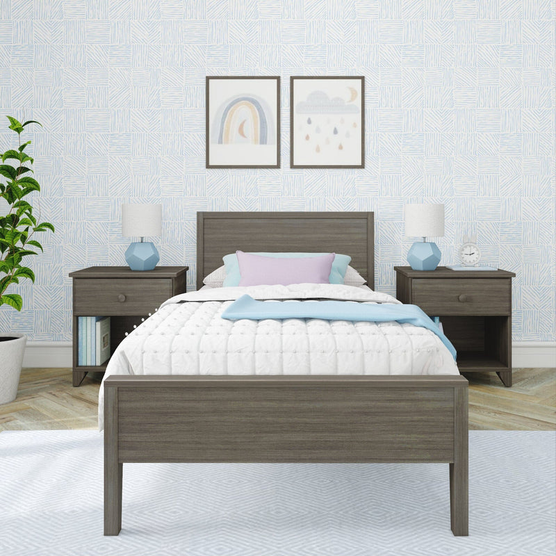 Modern bedroom interior with wooden bed frame, cozy white bedding, and decorative nightstands featuring lamps, plant, and wall art.