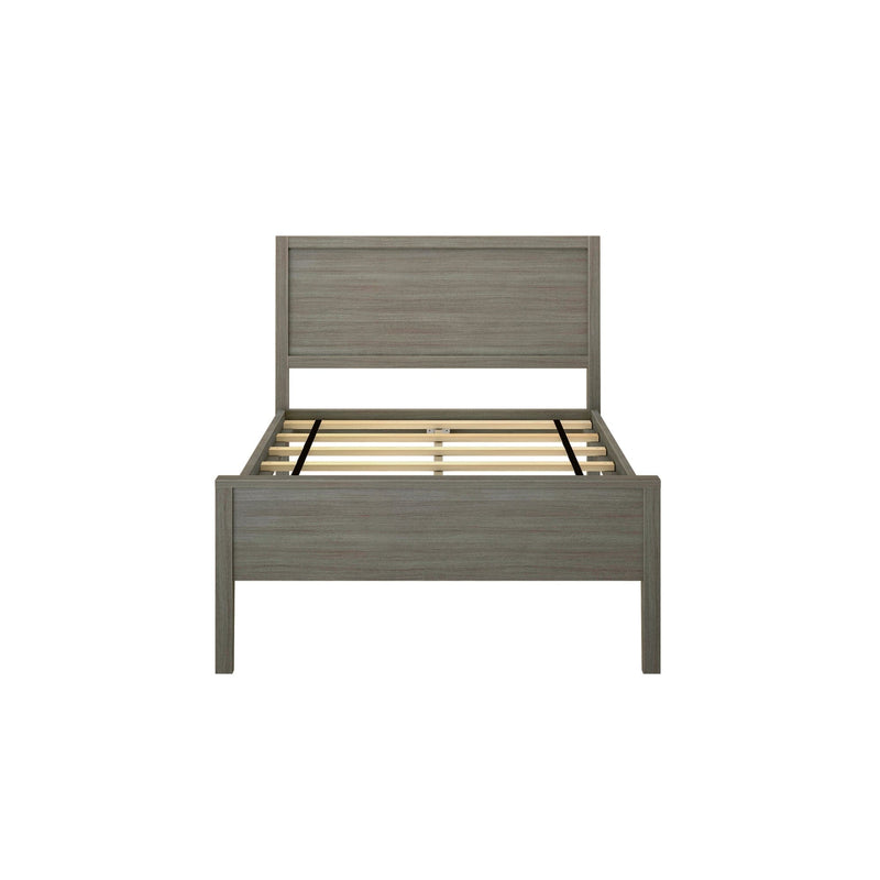 Modern wooden bed frame with slatted base against a white background.
