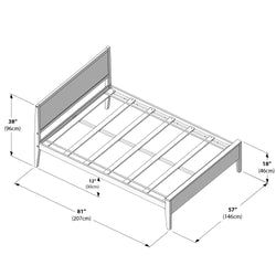 Queen size platform bed frame with dimensions 81 inches by 57 inches and headboard height 38 inches.