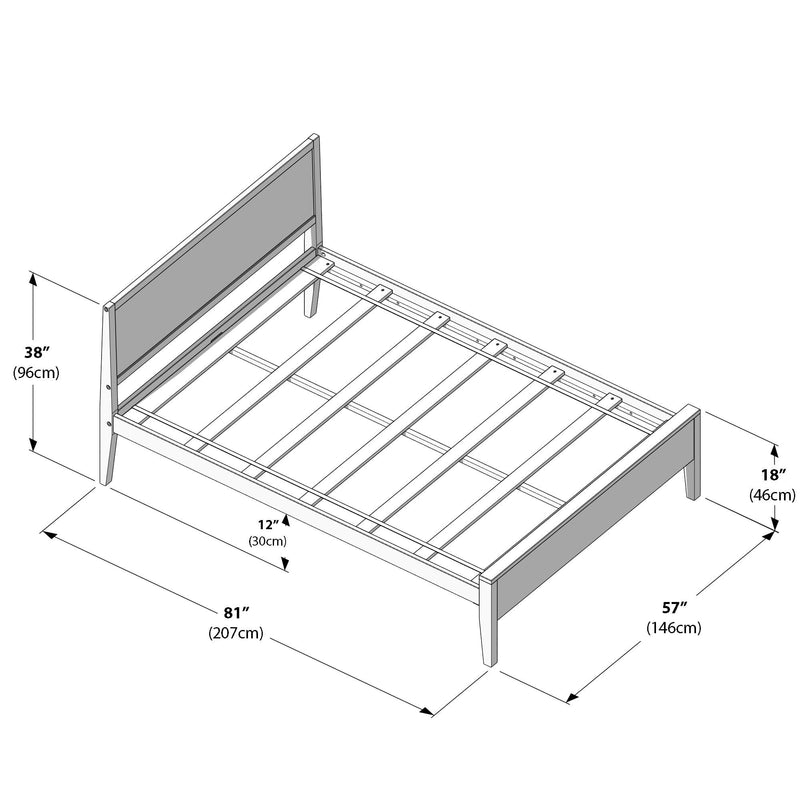 Queen size platform bed frame with dimensions 81 inches by 57 inches and headboard height 38 inches.