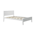 White wooden bed frame with slatted base and headboard on a plain white background.