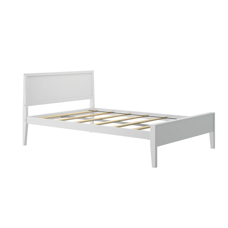White wooden bed frame with slatted base and headboard on a plain white background.