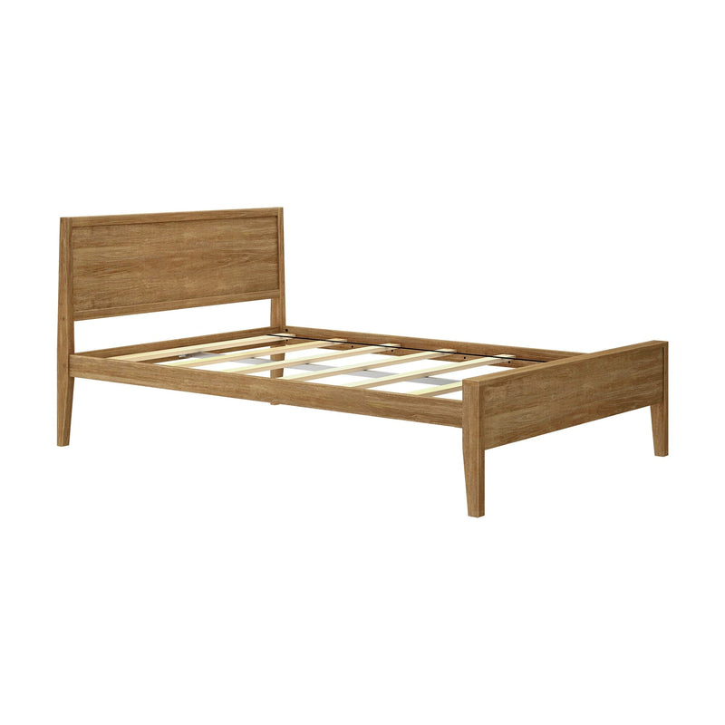 Wooden bed frame with headboard and footboard in natural finish.