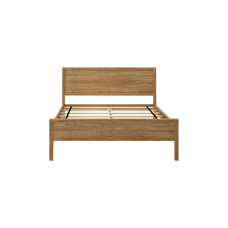 Oak-finish wooden platform bed frame with slatted base and rectangular headboard, rustic modern design