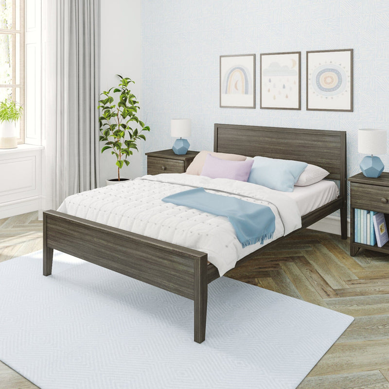 Modern bedroom with stylish wooden bed frame, cozy bedding, and decorative wall art.