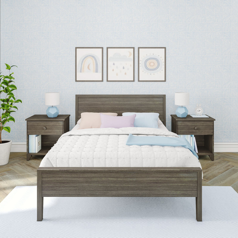 Modern gray wooden bed with pastel pillows and quilt, matching nightstands with blue lamps, framed rainbow and cloud wall art on light-blue patterned wallpaper, stylish bedroom decor