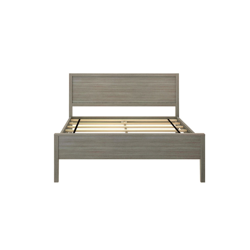 Wooden queen size bed frame with slatted support.