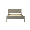 Modern gray wood platform bed frame with rectangular headboard and slatted wooden support, minimalist bedroom furniture