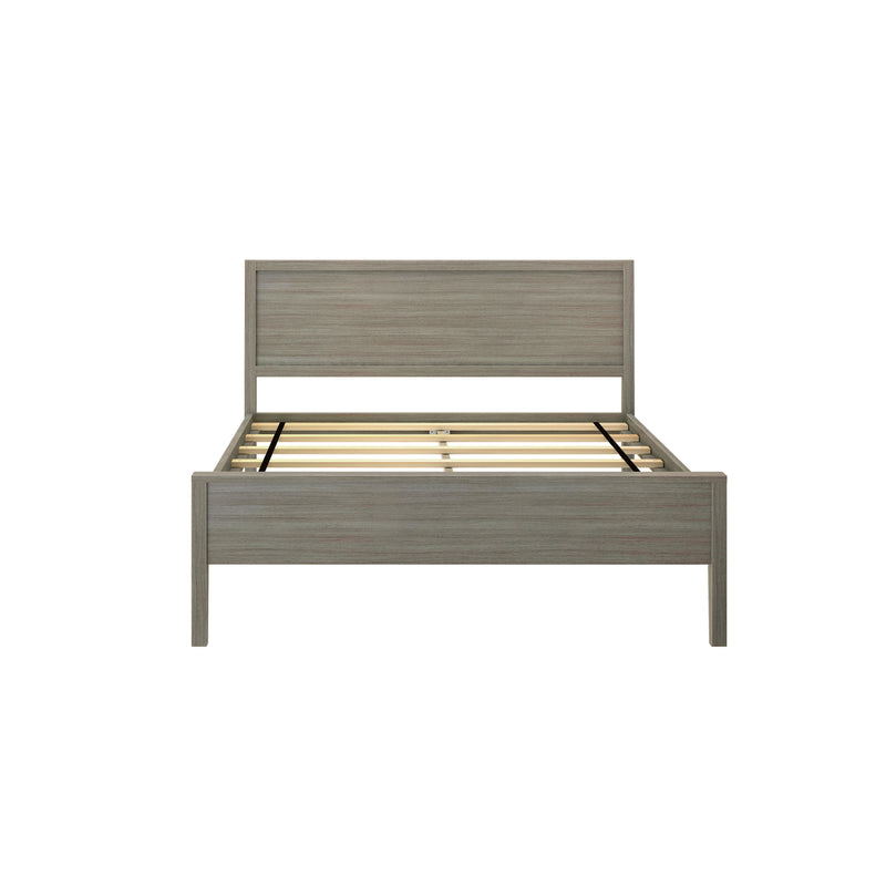 Modern gray wood platform bed frame with rectangular headboard and slatted wooden support, minimalist bedroom furniture