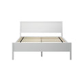 Modern white wooden bed frame with slatted base and minimalist design.