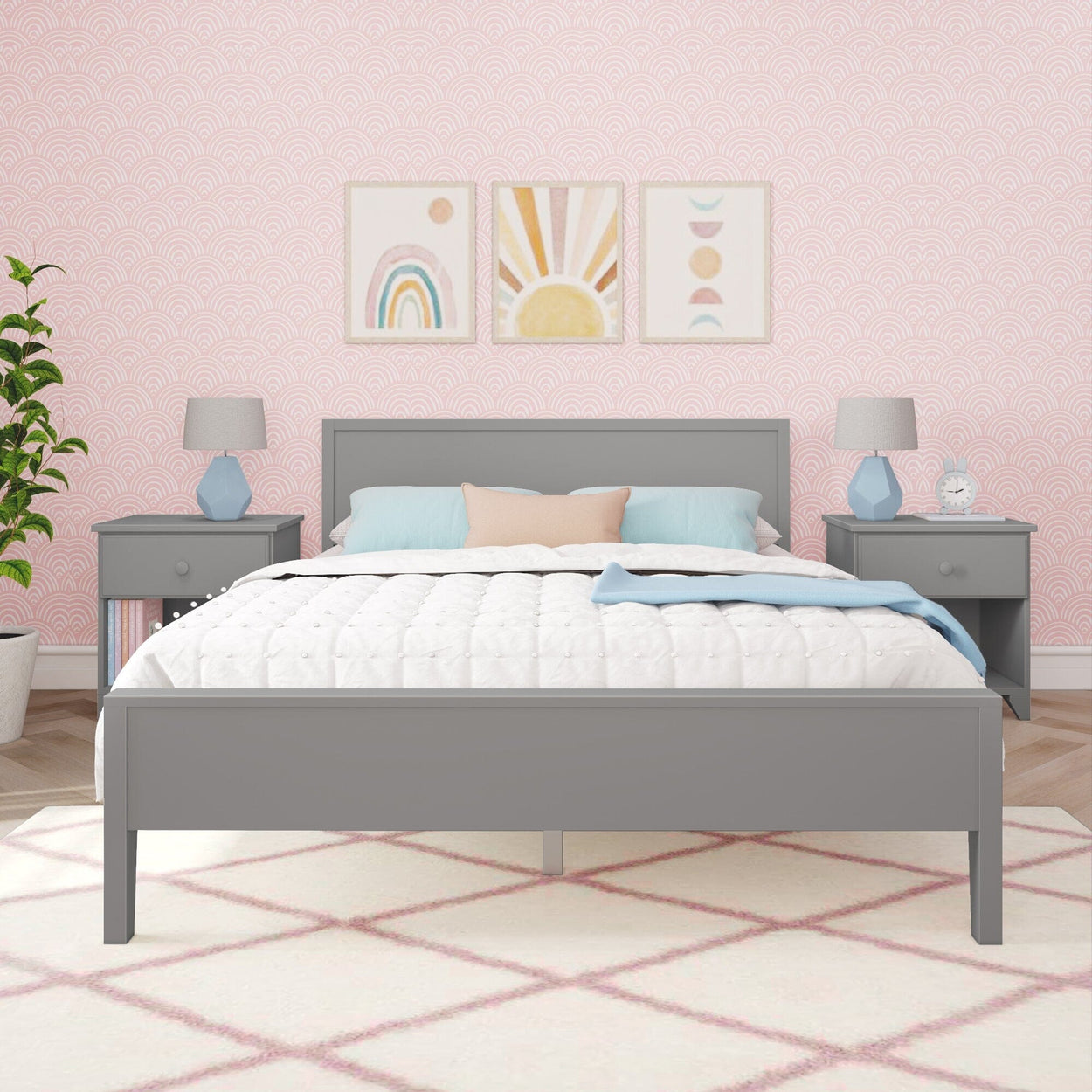 181102-121 : Kids Beds Classic Queen-Size Bed with Panel Headboard, Grey