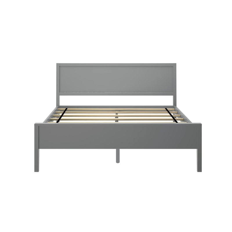 Gray wooden bed frame with slatted support and modern design.