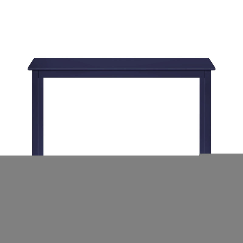 Navy blue rectangular modern minimalist console table with straight legs on white background