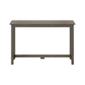 Weathered gray wood console table with rectangular top, straight legs and lower stretcher, rustic modern entryway or small writing desk