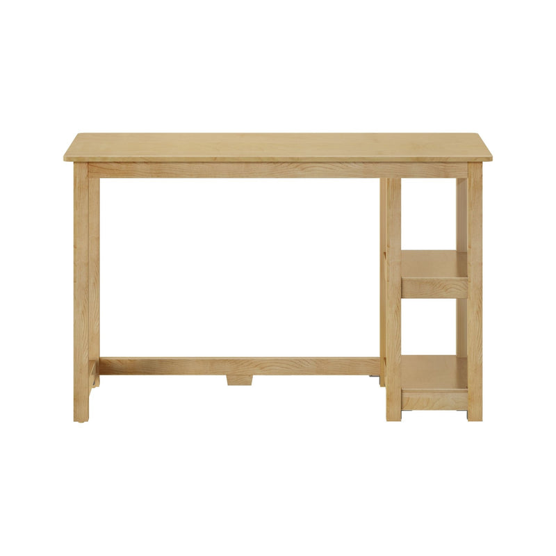 Wooden desk with integrated shelves for home office organization.