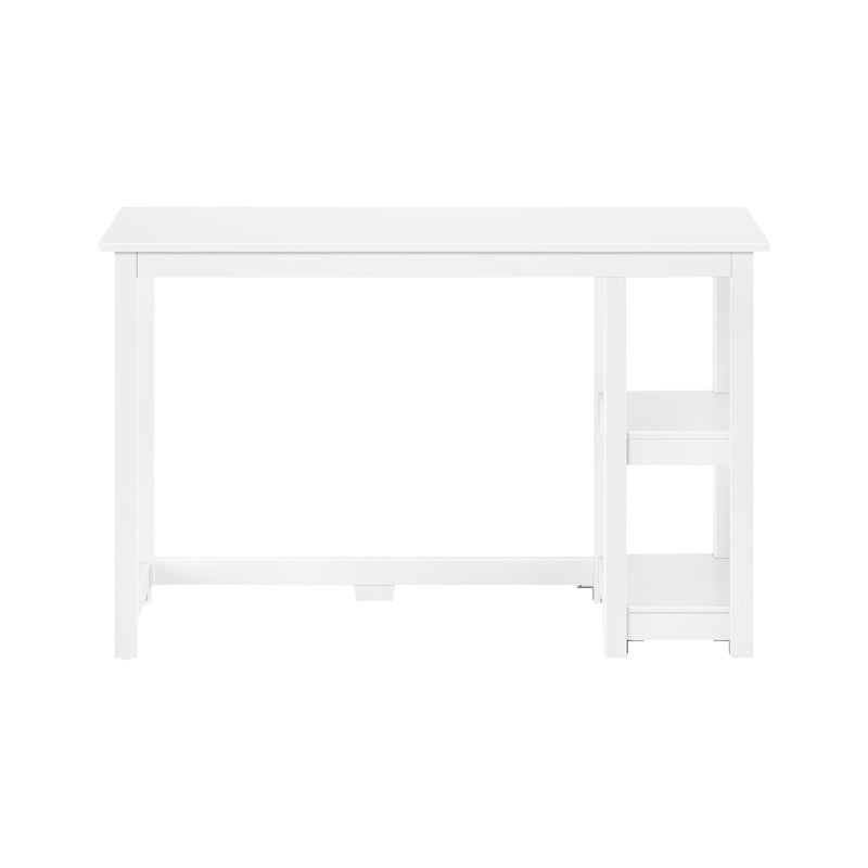 White wooden desk with open shelving, modern minimalist design for home office.