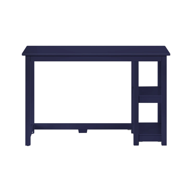 Modern navy blue desk with built-in shelves for home office organization.