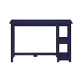 Navy blue writing desk with right-side open shelves, compact modern home office desk on white background