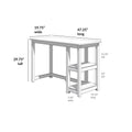Dimensional diagram of a rectangular wooden kitchen island table with two open side storage shelves — 47.25" L × 19.75" W × 29.75" H; shelf lengths 14.25" × 7.25", shelf heights 11.25" and 10