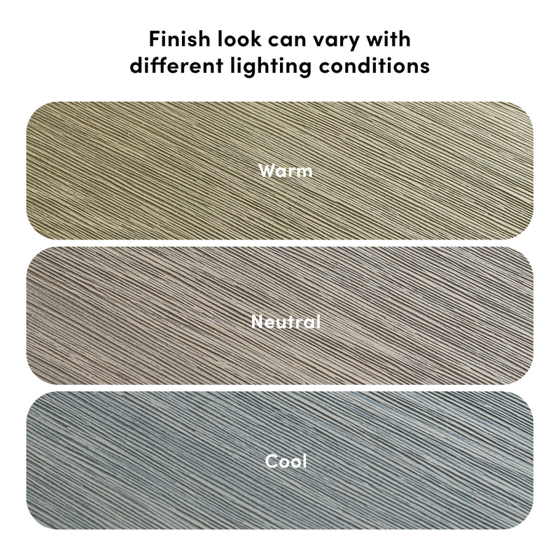 Close-up diagonal wood grain flooring finish samples showing warm, neutral, and cool lighting variations