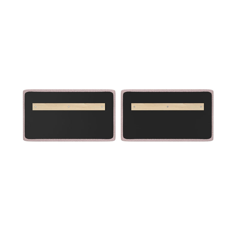 Pair of rectangular black felt bulletin boards with light wood mounting rails and blush-pink fabric trim on white background