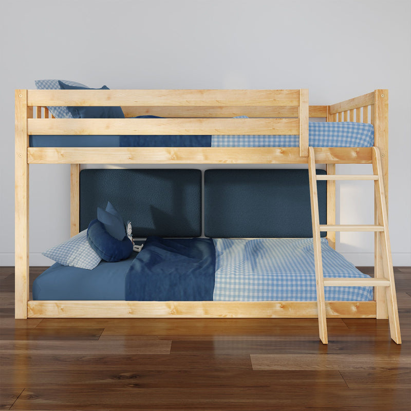 Light wood loft-style bunk bed with ladder and blue gingham bedding in a modern children's bedroom on hardwood floor
