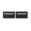 Pair of rectangular black panels with dark green trim and horizontal light wood mounting strips secured by screws on white background
