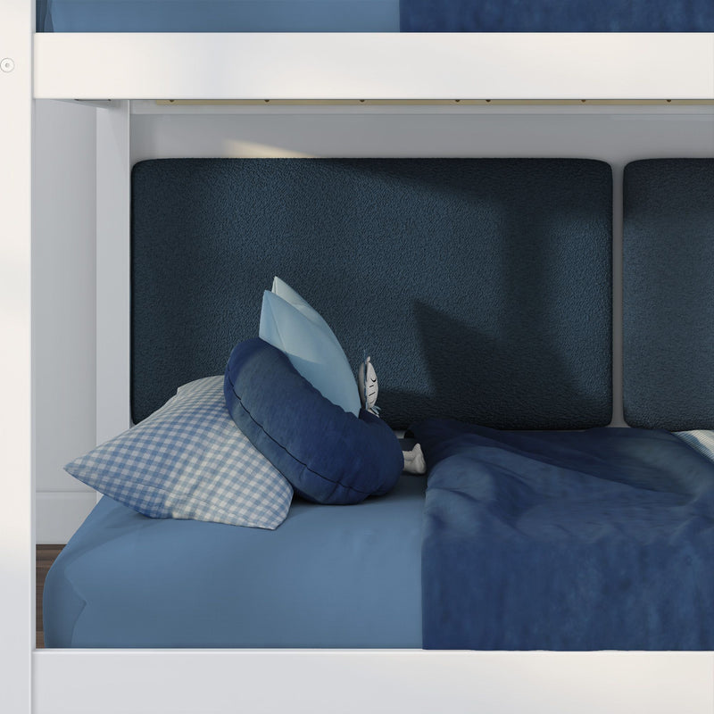 Blue bedding and pillows on white bunk bed frame with navy textured wall panels and light blue gingham pillow