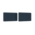 Two navy blue rectangular fabric cushions with rounded corners on a white background