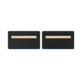 Pair of rectangular fabric-wrapped acoustic wall panels with black centers, teal borders and wooden mounting strips with screws displayed side-by-side on a white background