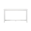 White minimalist rectangular writing desk with straight legs and bottom stretcher, modern home office table on white background