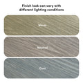 Close-up wood grain finish samples in rounded swatches showing warm, neutral, and cool tones to illustrate how different lighting conditions affect color and texture.