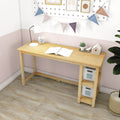 Light wood study desk in pastel pink and white bedroom with lamp, open notebook, alarm clock, succulent, decorative bunting and storage boxes