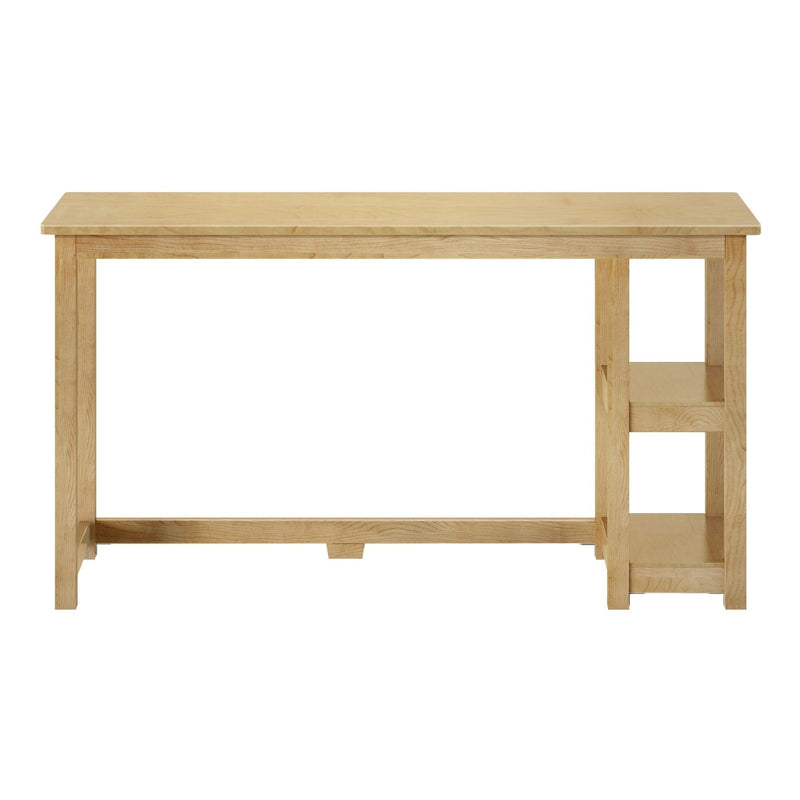 Light natural maple wood console desk with rectangular top and two open side shelves, modern farmhouse entryway table