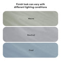 Three wood finish swatches labeled Warm, Neutral, and Cool illustrating how lighting conditions change finish color (warm green-beige, neutral gray, cool blue-gray).