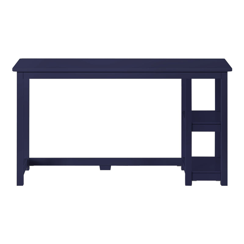 Navy blue rectangular writing desk with right-side open shelving and lower stretcher bar, minimalist modern home office computer desk on white background