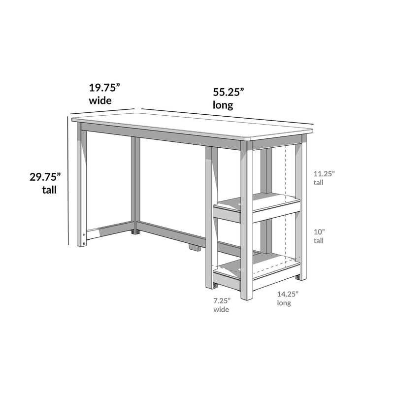 Wooden desk dimensions illustration showing a 55.25-inch long, 19.75-inch wide, and 29.75-inch tall table with shelves.