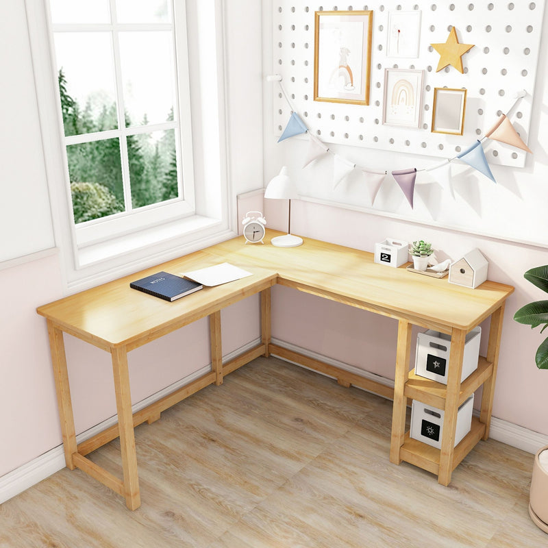 L-shaped wooden desk with office supplies in a modern home office setup by a window.