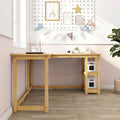 Light wooden L-shaped kids study desk with built-in shelves in pastel pink nursery, bunting wall decor and potted plant