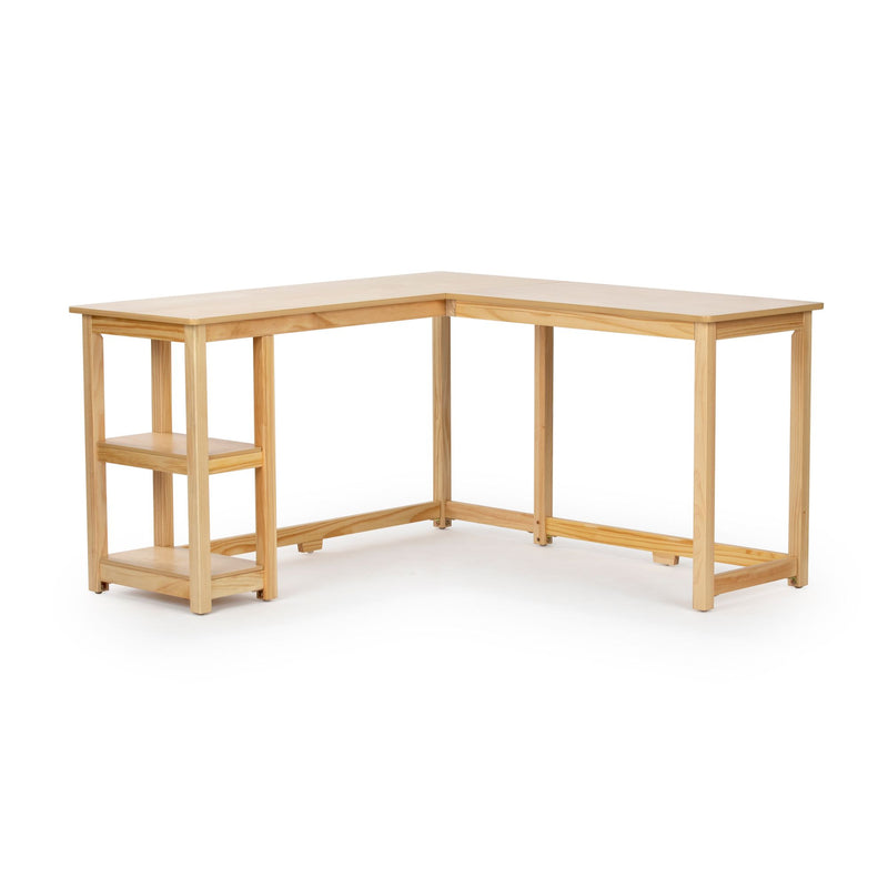 Modern L-shaped wooden desk with open shelving, ideal for home office or study room.