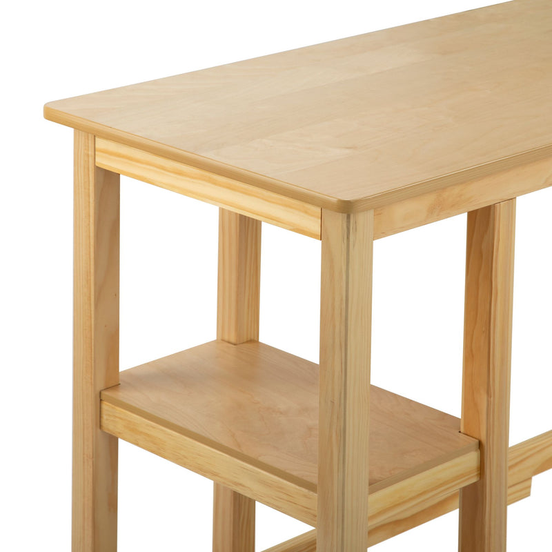 Natural wooden table with two lower shelves for storage and minimalist design.